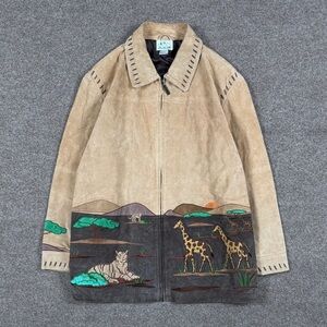 Vintage Quacker Factory Tan Suede‎ Safari Animals Embroidered Jacket Women’s 2X
